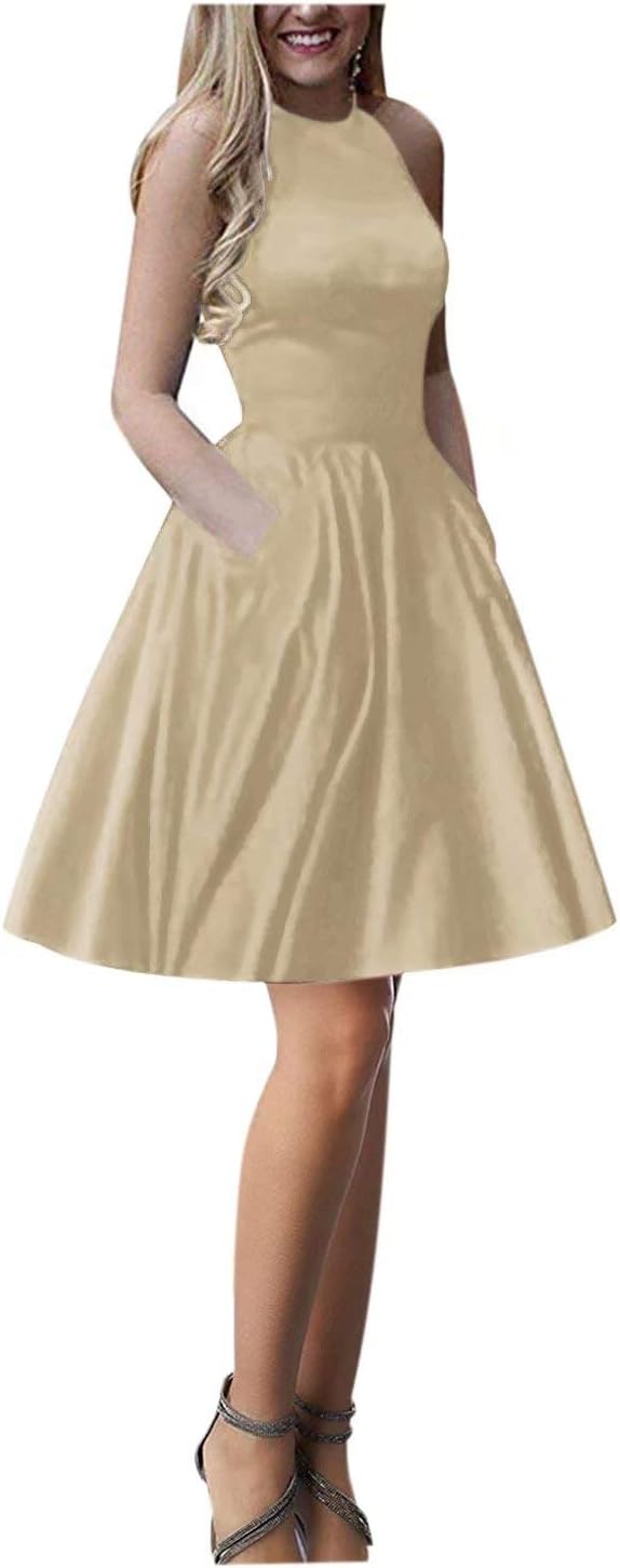 ElenaDressy Women's Short Halter Satin Dress Open Back Prom Evening Gown