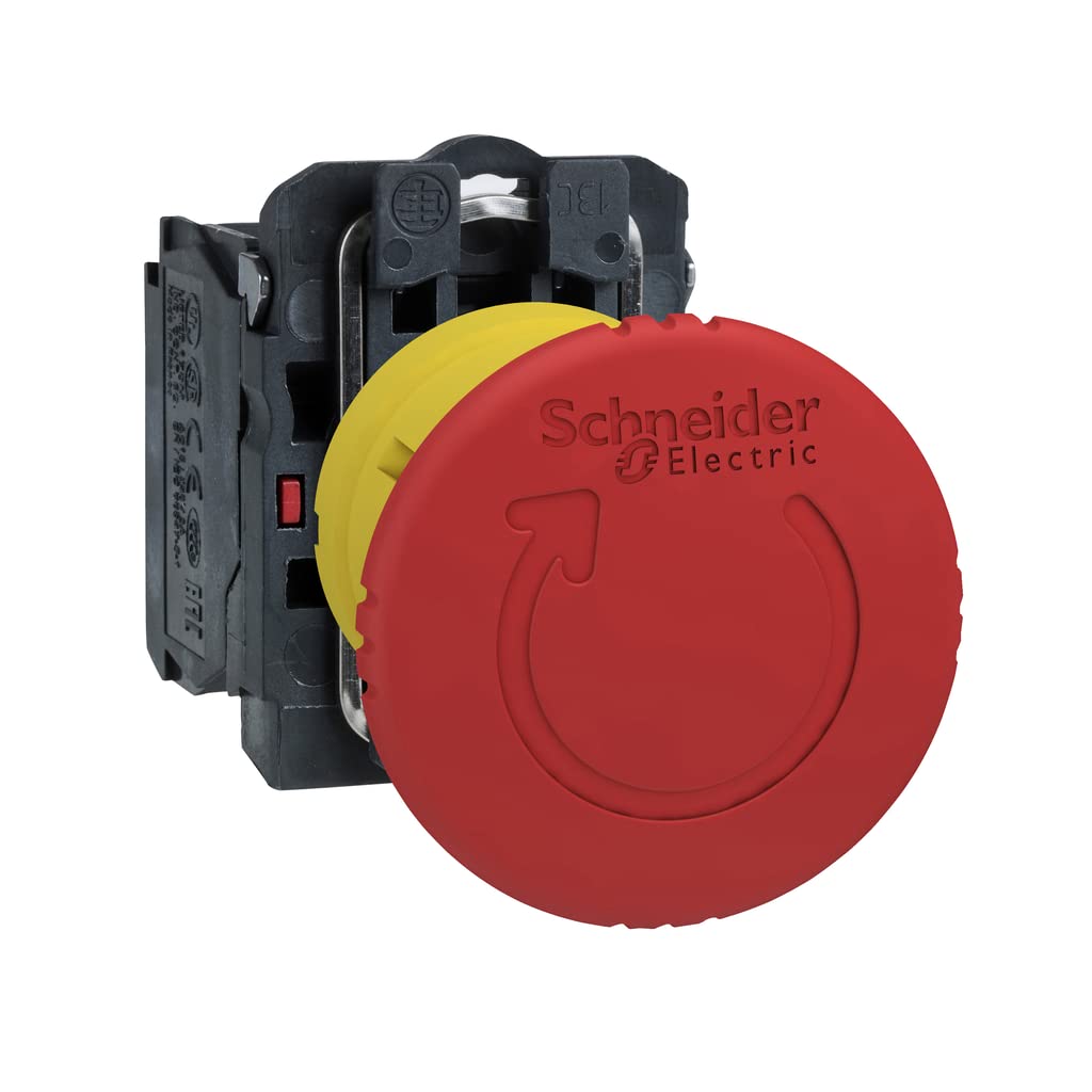 Schneider Electric Harmony XB5 - Emergency Stop Push Button Switch, Plastic, 40 mm Mushroom, Trigger Latching Turn to Release, 1NC, 22 mm Mount, XB5AS8442, Red