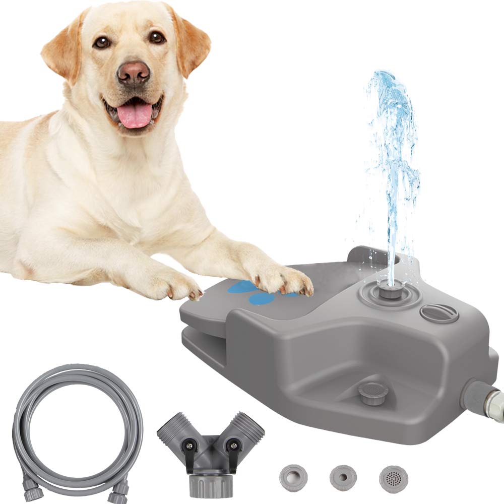 Dog Water Fountain Step on Dog Sprinkler Toy, Automatic Pet Drinking Fountain Paw Activated Dog Watering Dispenser with 3 Nozzles, 9.8ft Hose & 2-Way Splitter for Small Medium Large Dogs Outdoor