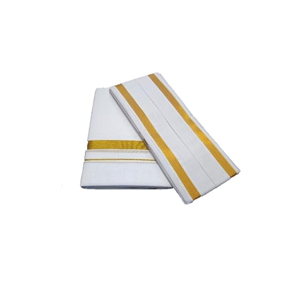 Men's Cool Gold Jari Border 2 m Cotton Dhoti with 2 m Towel Set (White, Free Size)