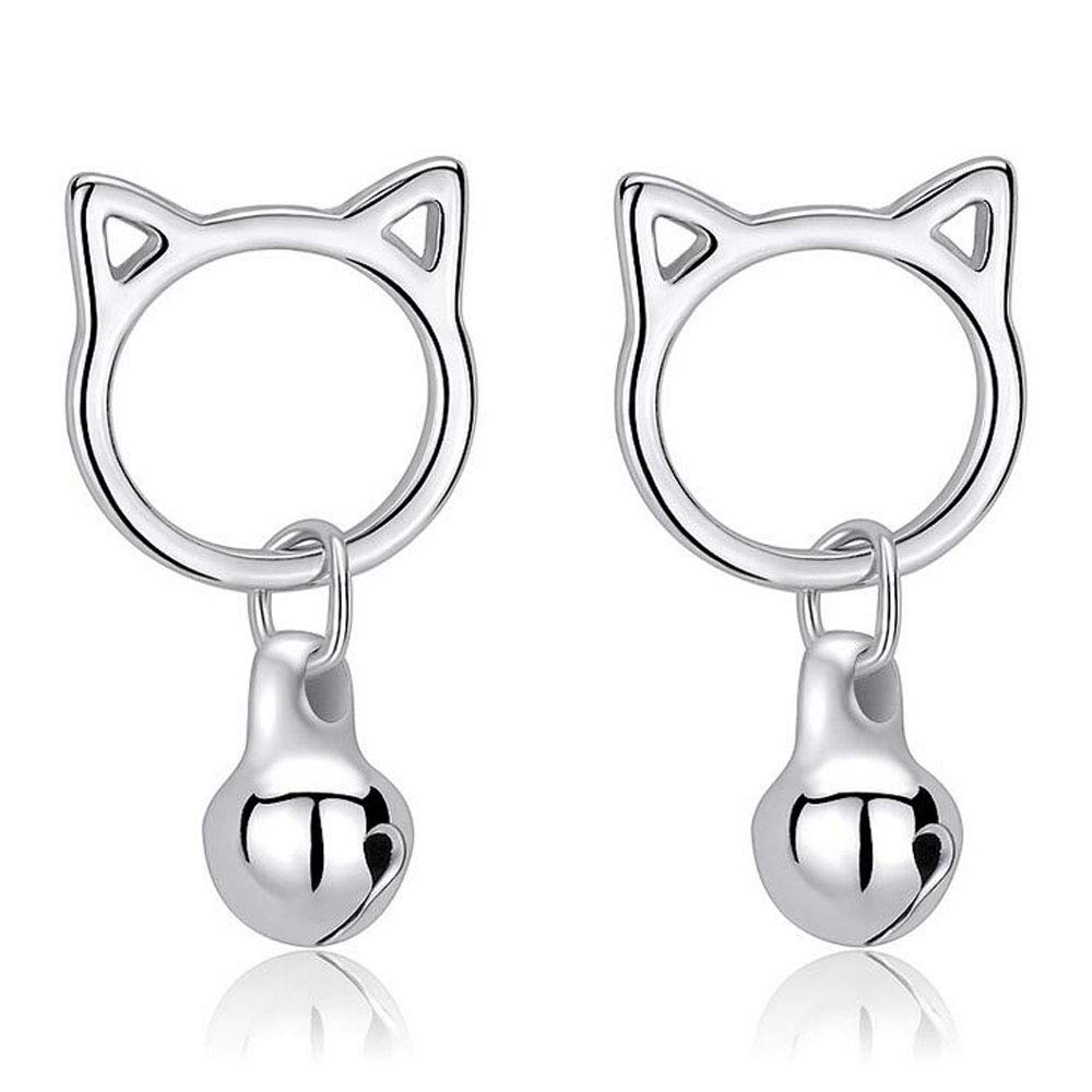 Belons Girls Cat Earrings 925 Sterling Silver Cat and Bell Earrings Kitten Ringing Bell Ear Studs Drops for Kids