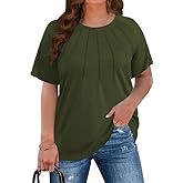 CARROTMOB Plus Size Blouses for Women Pleated Casual Short Sleeve Round Neck Shirts Dressy Loose Summer Tops