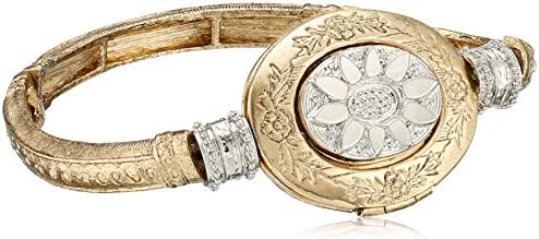 Signature 1928 "1928 Signature Collection" Gold-Tone and Silver-Tone Etched Locket Stretch Bracelet, 6"
