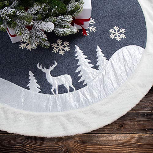 7Felicity Christmas Tree Skirt 48 inches, Fur Rustic White Xmas Tree Skirt,Snowy Christmas Trees Mat Decorations Indoors,Deer and Snowflake Pattern (White Deer) - Thumbnail 7