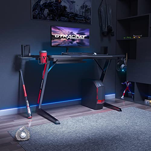 GTRACING Gaming Desk,Ergonomic ZShaped Carbon Fiber Surface Gaming Table with Cup Holder