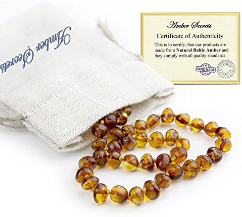 Baltic Amber Teething Necklace for Babies (Unisex) - Color Cognac - Natural Certificated Oval Baltic Jewelry with The Highest Quality Guaranteed - Easy to Fastens, Screw Clasp - Packed in Linen Bag