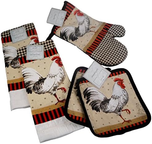 White and Black Rooster Kitchen Linens Bundle - 4 Items: 2 Dish Towels, Oven Mitt, and set of 2 Pot Holders