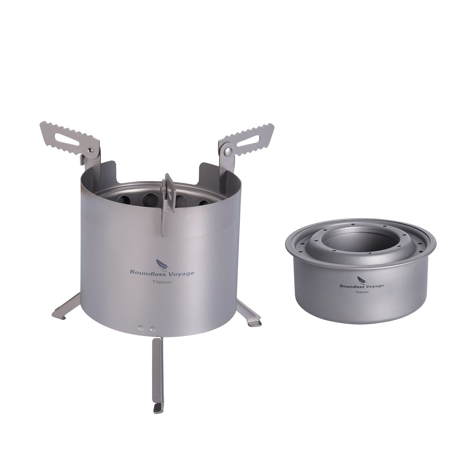 iBasingo Titanium Wood & Alcohol Camping Stove - Portable Double-Wall Burner with Removable Pot Stand & Folding Legs - Lightweight Solo Travel Stove for Backpacking, Hiking & Outdoor Cooking