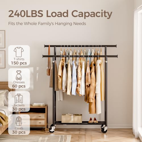 HYSEYY Double Rods Clothing Rack, Rolling Clothes Rack for Hanging Clothes, Portable Garment Rack with Wheels, Coat Rack Wardrobe Closet Load 240 LBS for Bedroom, Laundry Room