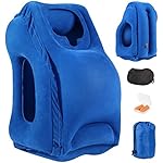 Inflatable Travel Pillow, Angel Love Inflatable Air Pillow with Ear Plugs, Eye Mask and Carrying Bag, Design for Airplane, Commute Transportation, Camping or Office Napping(Blue)