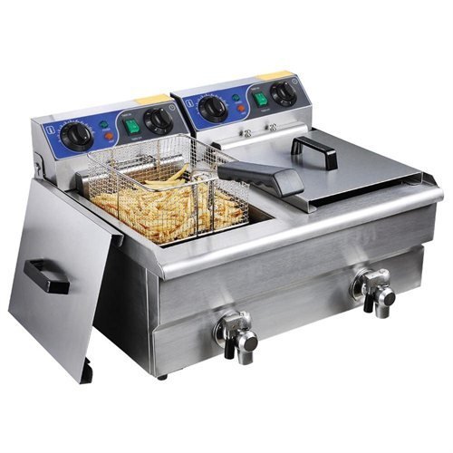 Click Here to See More Images 20 Liter Dual Electric 2500W Commercial Kitchen Countertop Deep Fryer Stainless with Drain