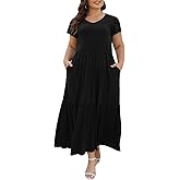 Celkuser Women's Plus Size Casual Summer Maxi Dress - Ruffle Sleeve Crew Neck Tiered with Elastic Waist and Pockets (cel162,18,Black)