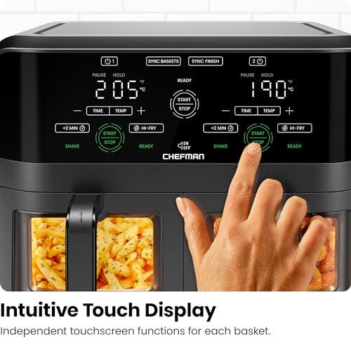 CHEFMAN 5.6L Dual Air Fryer Oven, Dishwasher Safe Frying Baskets, Double Air Fryer with Sync Finish, Hi-Fry, Auto Shutoff and Easy View Windows, Black