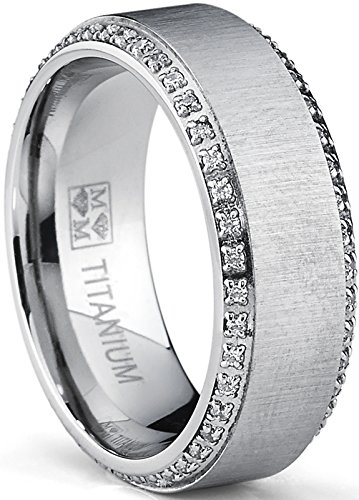 Metal Masters Co. Titanium Men's Brushed Wedding Band Ring with Cubic Zirconia, Two Row Eternity Ring, 8mm
