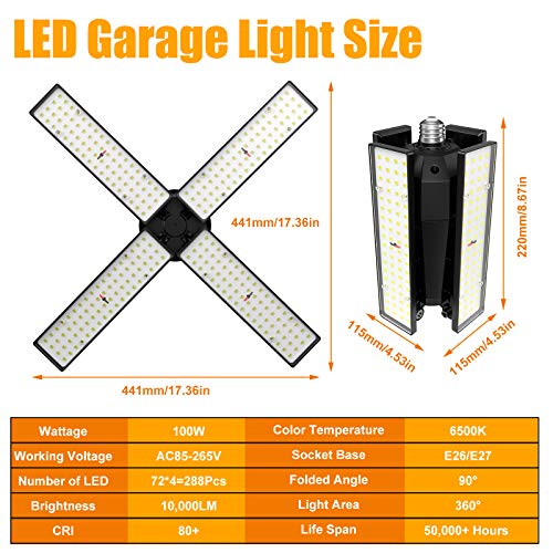 LED Garage Lights - JOYSON 10000LM Super Bright 100W Deformable LED Garage Ceiling Lights, 4 Adjustable Led Panels, 6500K E26/E27 Shop Lights for Garage, Basement, Warehouse
