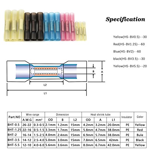 200PCS Heat Shrink Butt Connectors Terminals, URLWALL Electrical Wire Crimp Splice Waterproof Insulated Kit Yellow Blue Black Red Assortment (4colors 5sizes)