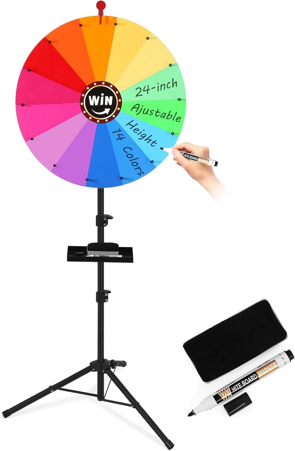 GADFISH Spinning Prize Wheel, 24-inch Ajustable 37"-67" Height Spin Doodle Game Spinner, 14 Colors Storable Prize Wheel Spinner with Stand, Wheel of Fortune Game