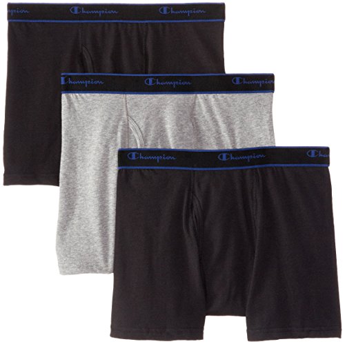 Champion Men's 3 Pack Performance Cotton Short Leg Boxer Briefs, Black/Grey/Black, Medium