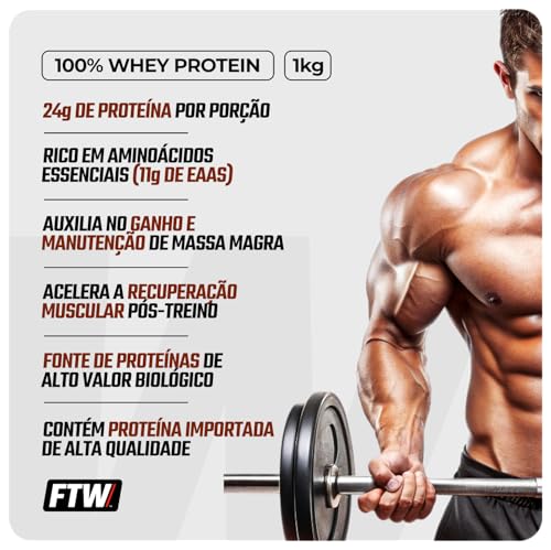 FTW 100% Whey Protein com Proteína Concentrada WPC, para Atletas com Alto Valor Biológico, Suplemento Pós-Treino Sem Glúten - Refil 1kg (Chocolate Double)