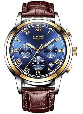Lige Leather Brown Waterproof Chronograph Blue Dial Multifunctional Mens Watch