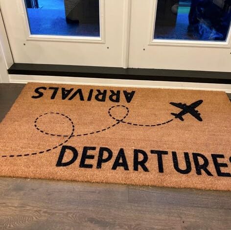 Photo 1 of Arrivals Departures Funny Doormat - Pilot Airport Travel Gift Airplane Welcome Mat - Housewarming Gift Indoor Outdoor Bathroom Mat 18x30 Inches
