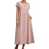 BIRW Cotton Linen Dresses for Women 2025 Summer Casual A Line Flowy Dress Beach Vacation Midi Gauze Dress with Pockets