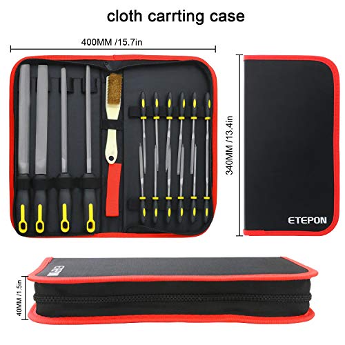 ETEPON 18pcs Metal File Set, 4 Flat/Half-round/Round/Triangle Files, 12 Needle Files, Cleaning Brush & Carrying Case for Woodwork Metal Model Hobby Applications ET031