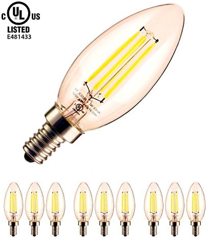 YUURTA C35 LED Filament Light Bulb 3.5W Candelabra Base E12 Torpedo Tip 3000K Warm White 120V Pack of 9