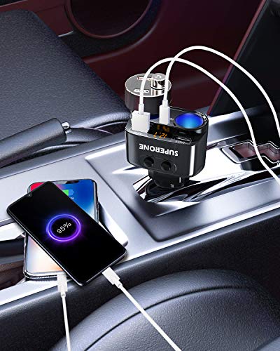 SUPERONE 200W 2-Socket Cigarette Lighter Splitter Power Adapter, USB C Car Charger with 18W Power Delivery 3.0 & Quick Charge 3.0 for iPhone 11/11 Pro/X/8, MacBook, Samsung, Google Pixel and More