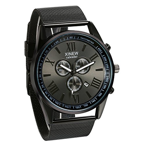JewelryWe Luxury Men's 3 Eyes Calendar Watch Stainless Steel Mesh Band Quartz Wrist Watches Gold