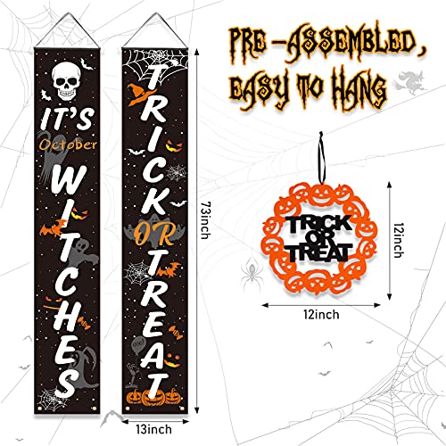 Halloween Decorations Outdoor, 3PCS Icnice Welcome Sign for Front Porch Trick or Treat & It\'s October Witches Banner Indoor Window Fireplace Decor Hanging Flag for Door Garden Yard