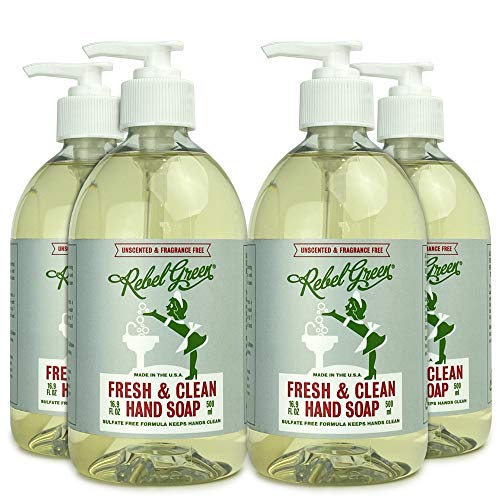 Rebel Green Fresh and Clean Liquid Hand Soap, 4 Pack, Natural, Sulfate-Free, and Hypoallergenic Hand Soap - 16.9 Ounce Pump Bottles, Unscented