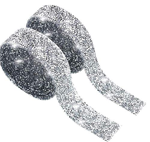 2 Rolls Crystal Rhinestone Ribbon, 8.6 Yards Self Adhesive Crystal Rhinestone Diamond Ribbon, Bling Ribbons Roll Belt Wrap for Arts Crafts, DIY Event Car Phone Decoration, Silver (0.79in+ 1.18in Widt)