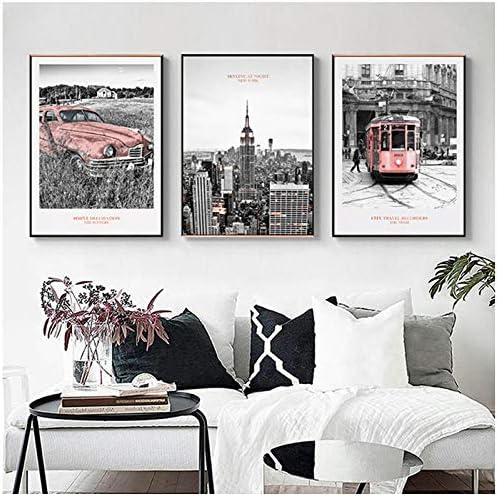 xwwnzdq 3pcs Vintage Pink New York City Building Landscape Canvas Paintings Poster and Print Wall Art Pictures Living Room Home Office Decor