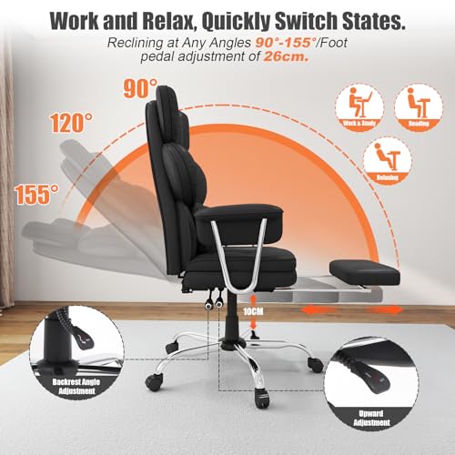 Big and Tall Office Chair,Leather Executive Office Desk Chair with Lumbar Support,400bls Comfy Ergonomic High-Back Reclining Computer Chairs,Swivel Rolling Wheels and Retractable Footrest