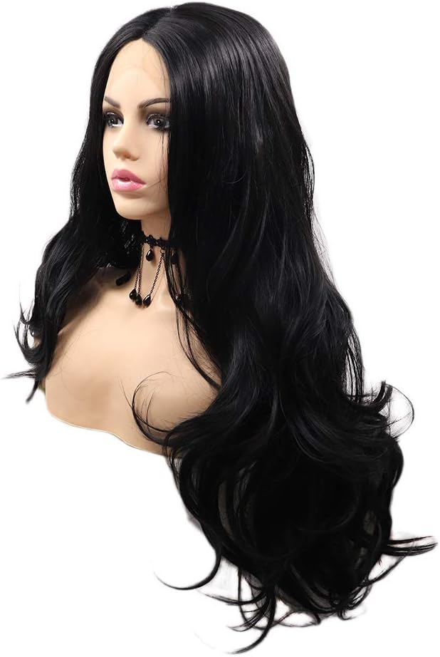 1B Black Lace Front Wigs for Women Long Curly Realistic Looking Side Part Synthetic Wig Heat Fiber Pure Black Lace Wig 150 Density Cosplay Amine Daily Use 24 Inches - Image 5