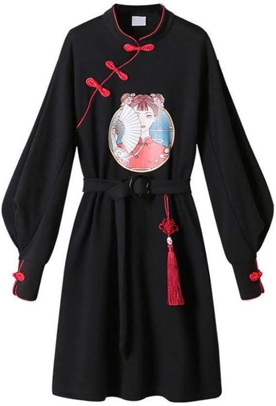Amazon Co Jp もうほうきょう レディース ミドル丈 ワンピース ベルト付き チュニック 長袖 大きいサイズ M 4xl 中華風 プリント 服 ファッション小物