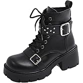 Women’s Goth Platform Ankle Boots - Fashion Chunky Heel Lace Up Combat Booties with Buckle Detail, Round Toe Side Zipper Punk Walking Shoes