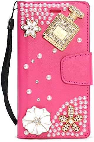 GummyCase Samsung Galaxy S9+ Plus Leather Flower Pearls Perfume Bottle Magnetic Snap Jewelled Folio 360 Flip Wallet Case Protective Cover with Card Slot Pockets Strap for Galaxy S9+ Plus, Hot Pink