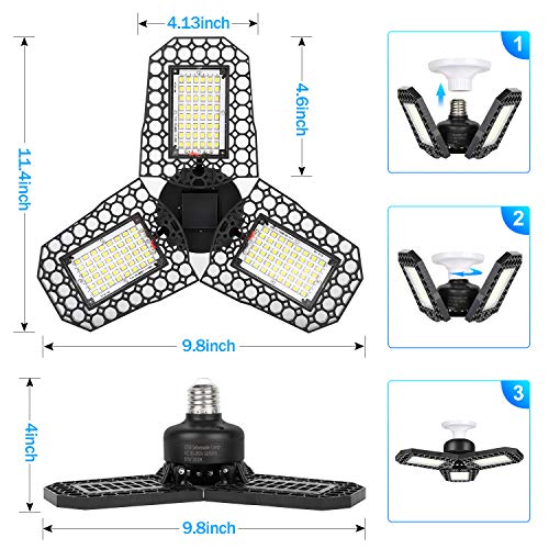 Gyrategirl LED Garage Lights, 80W Deformable Triple Glow Garage Lighting with 3 Adjustable LED Panels, E26 E27 Ceiling Light Led Shop Lights for Garage Warehouse Basement Workshop Outdoor and Yard