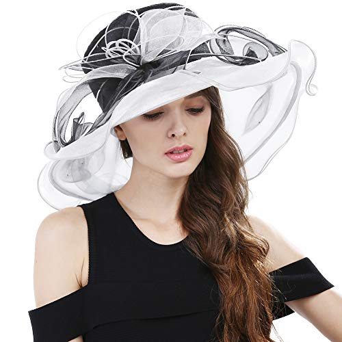 Women's Fascinators Wide Brim Sun Hat for Kentucky Derby, Church, Wedding, Tea Party, Royal Ascot, Easter (Black/White)