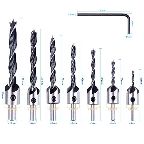 NOUVCOO 7PCS Carbon Steel Countersink Drill Bit Set,Carpentry Reamer Woodworking Chamfer End Milling Diameter 3mm-10mm NC07