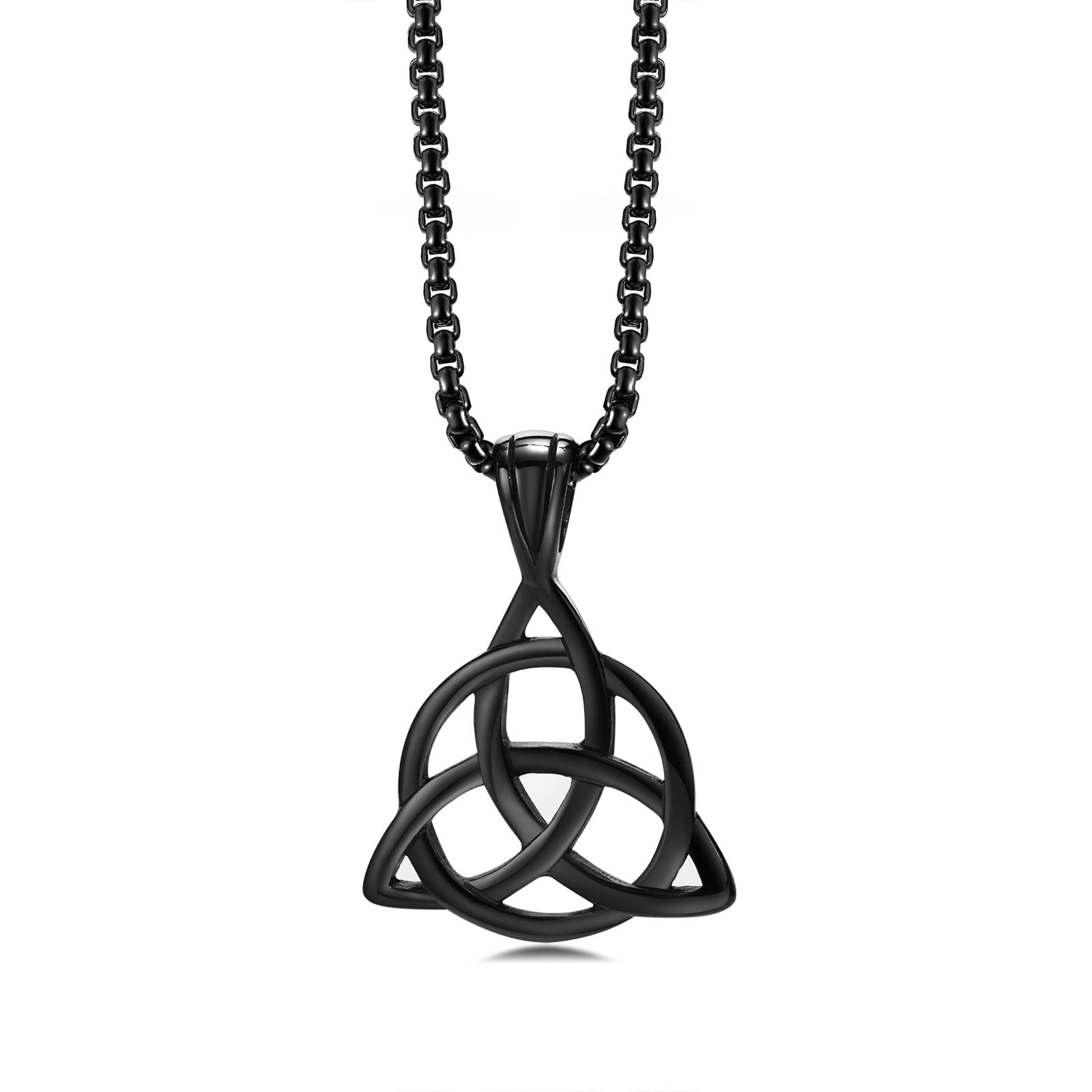 Celtic Knot Necklace for Men Women - Stainless Steel Good Luck Infinity Irish Jewellery Triquetra Triangle Witches Knot Pendant With 24" Rolo Chain, Goddess Gifts For Birthday Christmas, Black