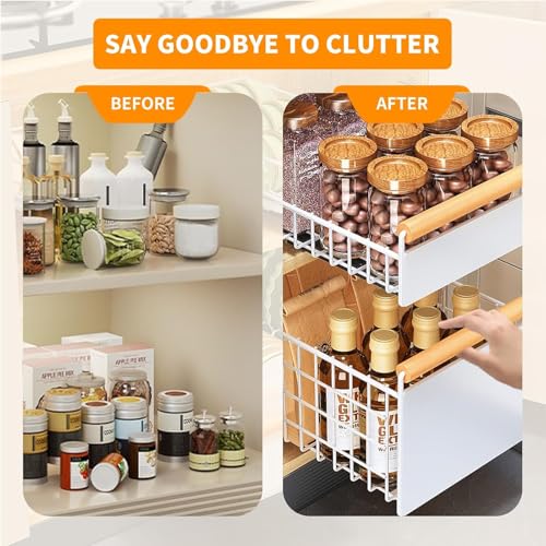 Pull-Out Cabinet Organizer, No-Drill Slide-Out Drawer with Adhesive Nano Film, Kitchen Cabinet Shelf Organizer, Under-Sink and Pantry Storage Shelf for Kitchen and Bathroom (White, 39x25x4cm)