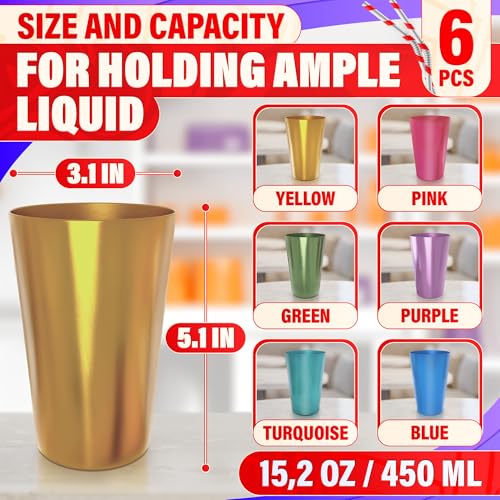 Retro Style Aluminum Cups 15 oz Set of 6 - Metal Tumblers for Cold Drinks, Festive Color-Finished Metal Cups for Drinking, Stackable and Dishwasher-Safe, for Home, Camping, Patio & Holiday Parties
