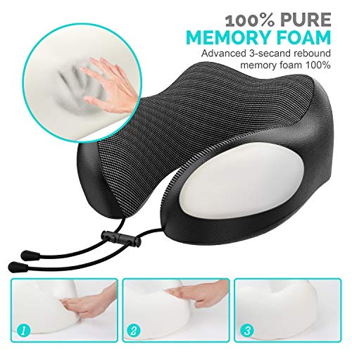 Updated 2020 Version Travel Airplane Pillow 100% Pure Memory Foam Neck Pillow, Comfortable & Breathable Cover, Machine Washable, Airplane Travel Kit with 3D Contoured Eye Masks, Earplugs - Thumbnail 3