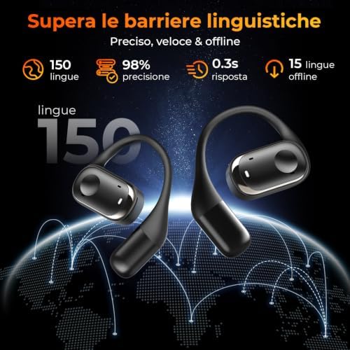 Auricolari Traduttori AI Bluetooth 5.3, Traduzione Vocale in Tempo Reale 3-in-1 con 150 Lingue, 16 Lingue Offline, Traduttore Bidirezionale per Viaggi, Lavoro e Studio