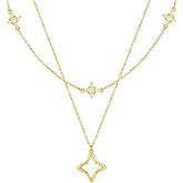 Cicy Bell Womens Four Point Star Necklace Sets Double Layer Chain 18k Gold Plated Cubic Zirconia Mother of Pearl Lucky Pendant Necklace