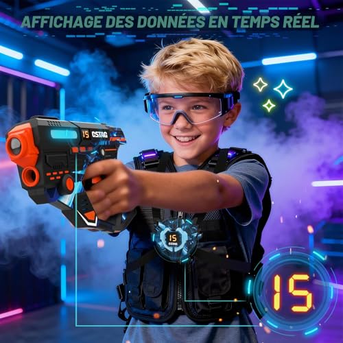 VATOS Rechargeable Laser Tag Set with 360° Sensors for 4 Players, Infrared 2.4GHz Real Time Data Display, Family Group Game for Kids and Teens, Gift for