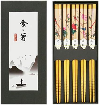 Chopstick Set for 5 Pairs Natural Bamboo Chopsticks, Chinese Birds Painting, Dishwasher Safe Chopsticks